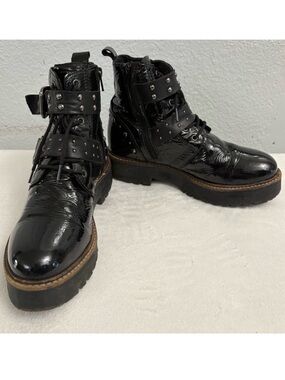 Pajar Black Patent Combat Boots with Studded Straps Lace Up Zip Ankle Size 6.5